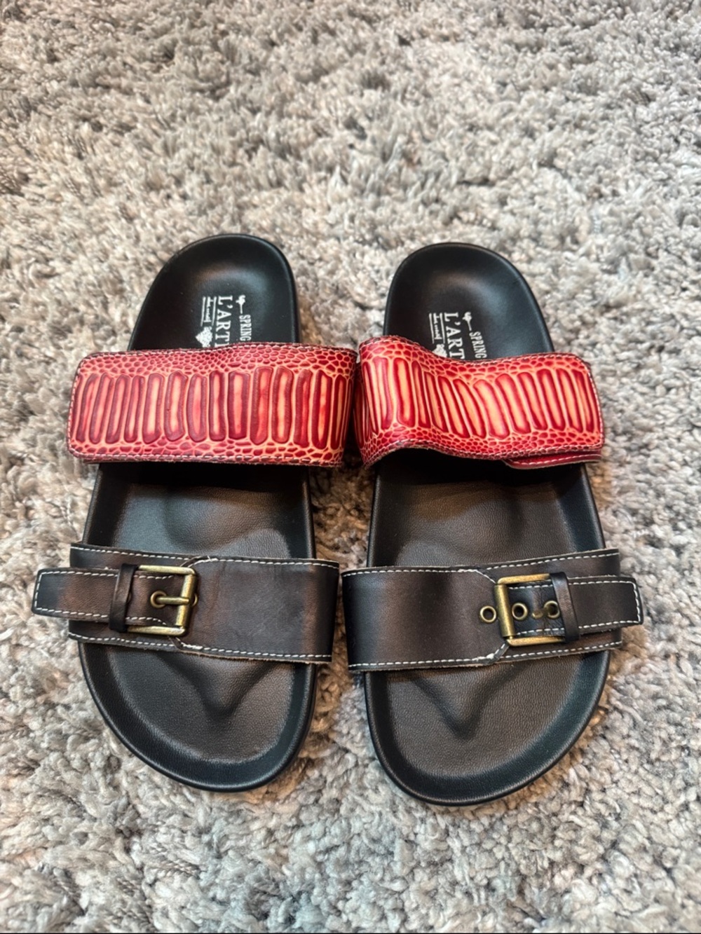 Women’s Black & Red Two-Strap Slide Sandals with Buckle Detail